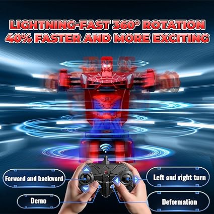 Carro Transformável com Controle Remoto com Luzes nos Olhos e na Parte Inferior, Carro Aranha RC de 2.4GHz e Robô com Transformação de Um Botão e Rotação de 360°, Brinquedo de Natal para Crianças de 3 a 12 Anos
