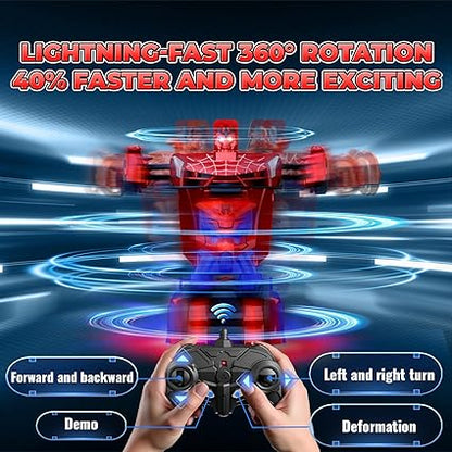 Carro Transformável com Controle Remoto com Luzes nos Olhos e na Parte Inferior, Carro Aranha RC de 2.4GHz e Robô com Transformação de Um Botão e Rotação de 360°, Brinquedo de Natal para Crianças de 3 a 12 Anos