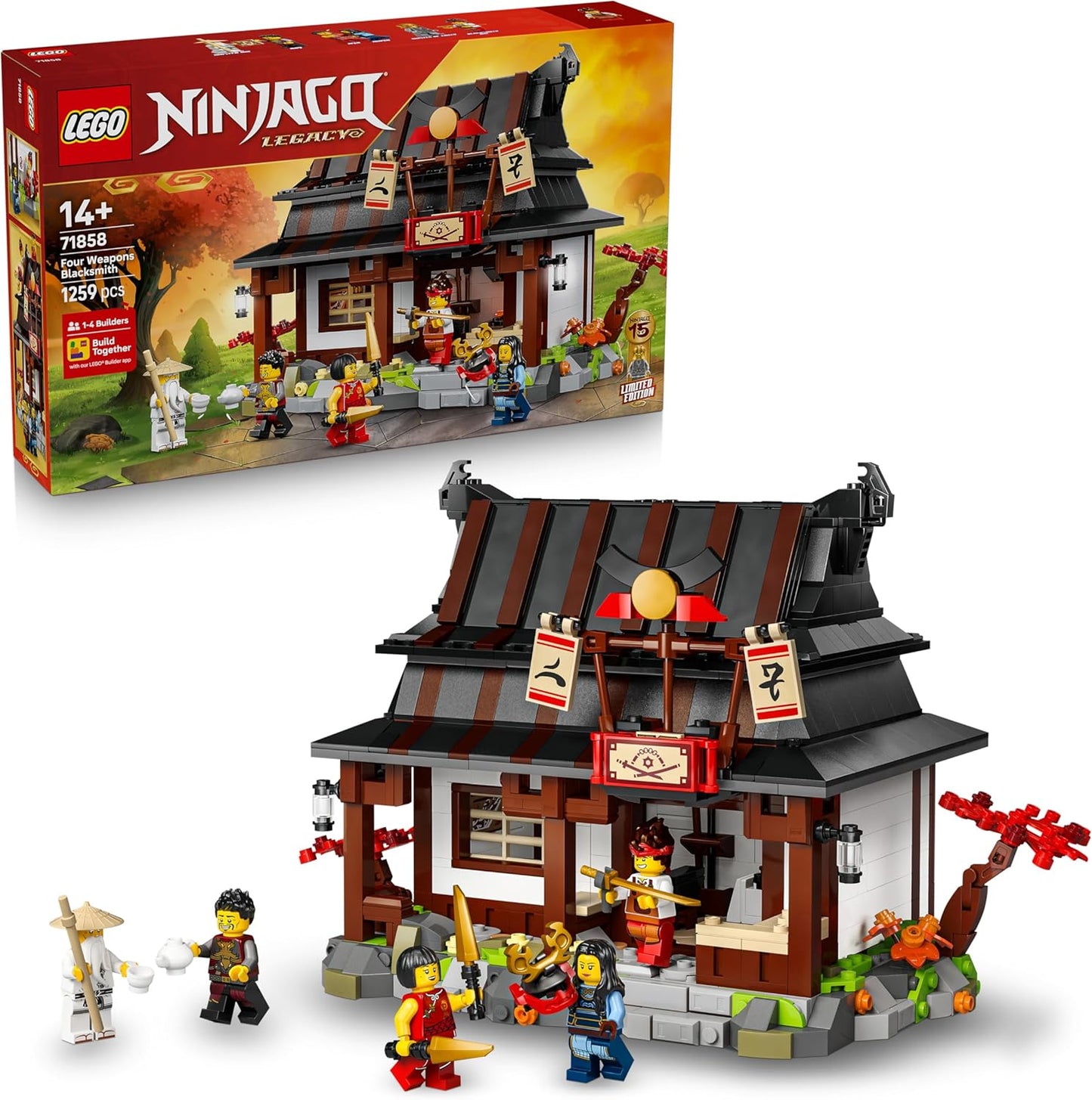 LEGO NINJAGO Ferreiro de Quatro Armas 15º Aniversário - Brinquedo Casa Ninja com Minifigura Colecionável e Cartas Colecionáveis - Presente Nostálgico para Meninos a partir de 14 Anos e Fãs Adultos - 71858