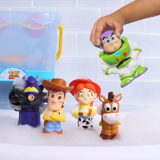 Disney Organizador de Banheira Toy Story, 6 peças, 5 figuras de brinquedo para banho, lacrado para segurança, fixa na parede, brinquedo de banho para fãs, meninas, meninos e crianças a partir de 3 anos.