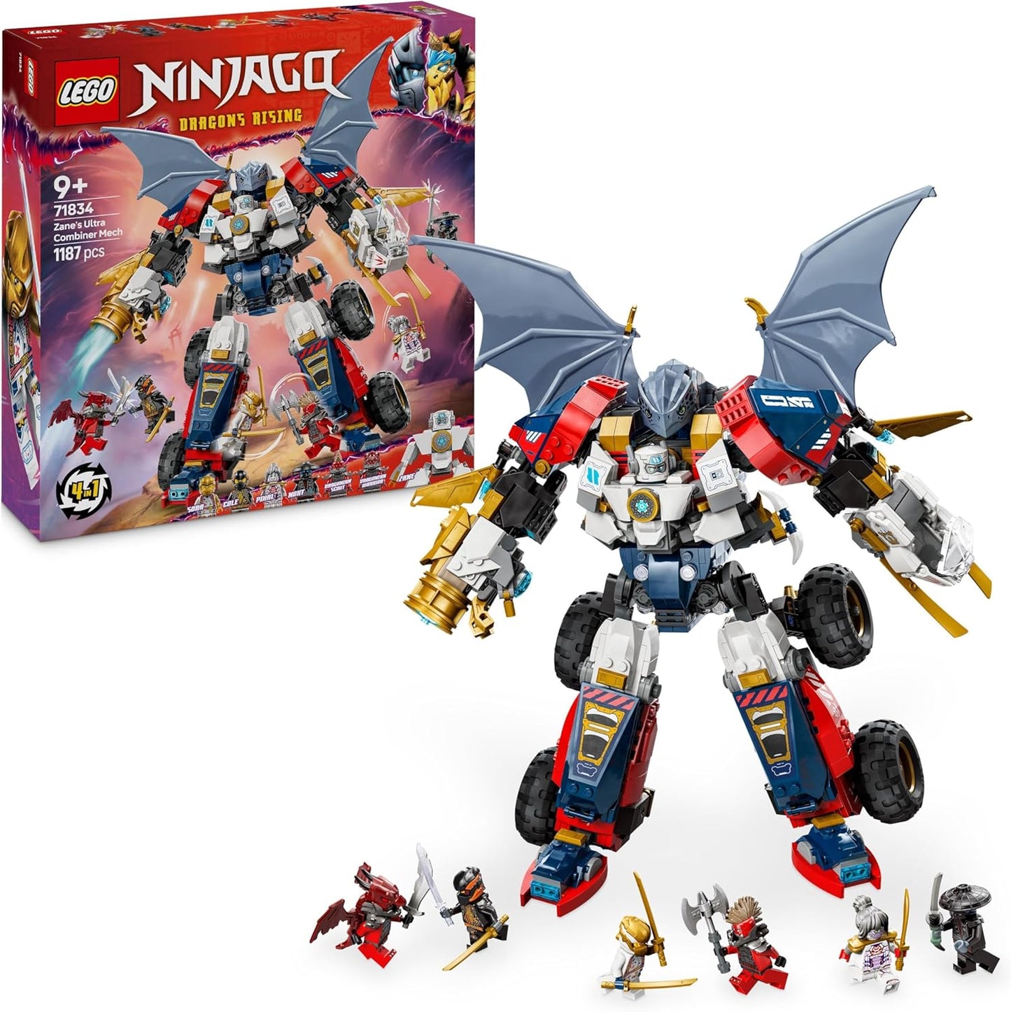 LEGO NINJAGO 4 em 1 Brinquedo Mech Ultra Combiner de Zane - Reconstrói em um jato, modelo de carro, figura de dragão e ninja - Incl. 6 minifiguras para dramatização - Conjunto de construção para meninos e meninas com mais de 9 anos