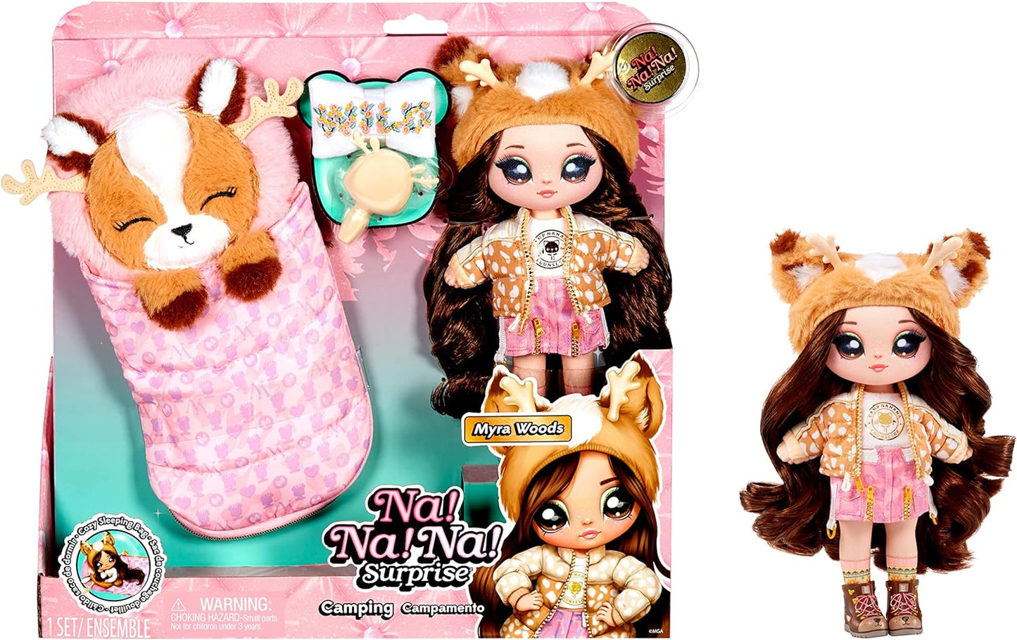 Serie de acampada sorpresa - MYRA WOODS - Muñeco de peluche suave inspirado en ciervos con pelo castaño y acogedor saco de dormir de animales - Incluye traje, almohada y cepillo - Coleccionable - Para niños a partir de 5 años, 28 cm