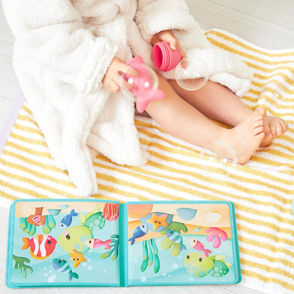 Janod - Livro de banho interativo com 3 brinquedos de aspersão incluídos - 1 livro + 3 aspersores - Desenvolve habilidades motoras finas - Fácil de limpar - A partir de 10 meses - J04733