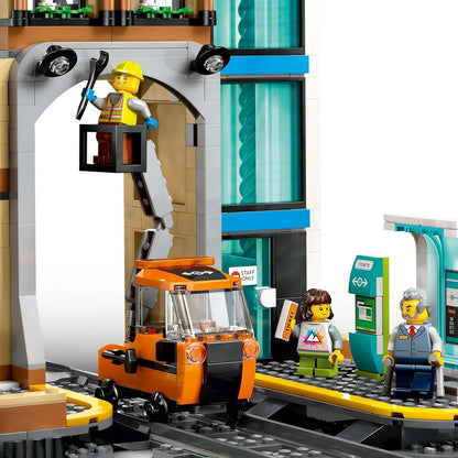 LEGO Conjunto City Estação Central de Trem com um veículo de manutenção, elevador funcional, máquina de bilhetes, 2 plataformas e uma peça de trilho, além de 6 minifiguras - Presente para meninos e meninas a partir de 7 anos - 60469