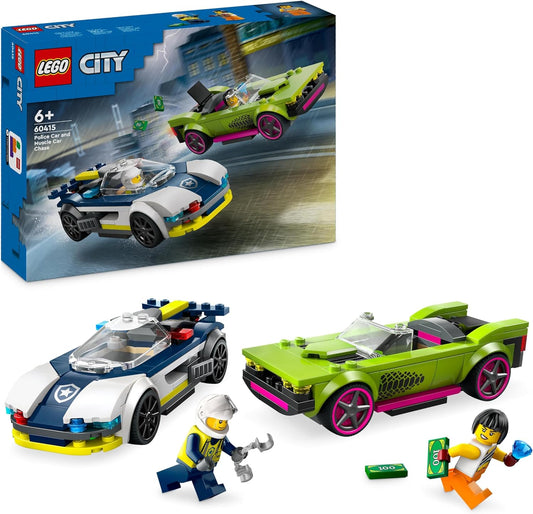 LEGO City Police Car and Muscle Car Chase, brinquedos de veículos de corrida para meninos e meninas de 6 anos ou mais, presente divertido para crianças que amam brincar de fingir, inclui minifiguras de oficial e bandido 60415