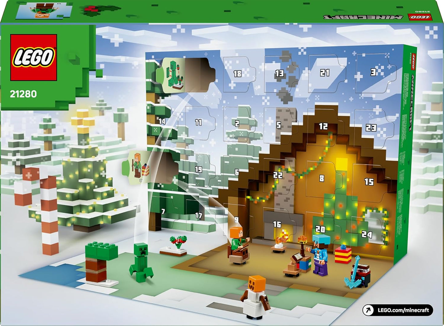 Calendário do Advento LEGO Minecraft 2025 para meninos e meninas a partir de 7 anos - Brinquedo de contagem regressiva para o Natal com 24 surpresas, incluindo minifiguras e mini construções - Presente para gamers - 21280