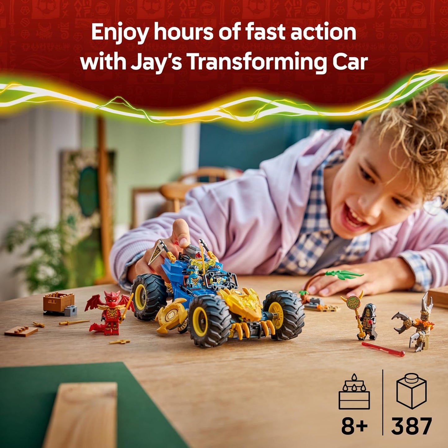 LEGO NINJAGO 2 em 1 Carro Transformável do Jay - Caminhão Ninja com 5 Minifiguras, incluindo Kai e Nya, além de Shurikens e Espadas - Presente de Aniversário para Meninos e Fãs a partir de 8 Anos - 71856