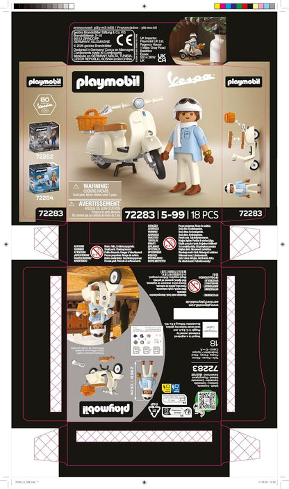 Playmobil | Veículos | 80 Anos de Vespa: Estilo Clássico | Vespa comemorativa na cor creme com condutor, cesta e cartela de adesivos | Para crianças a partir de 5 anos | 72283