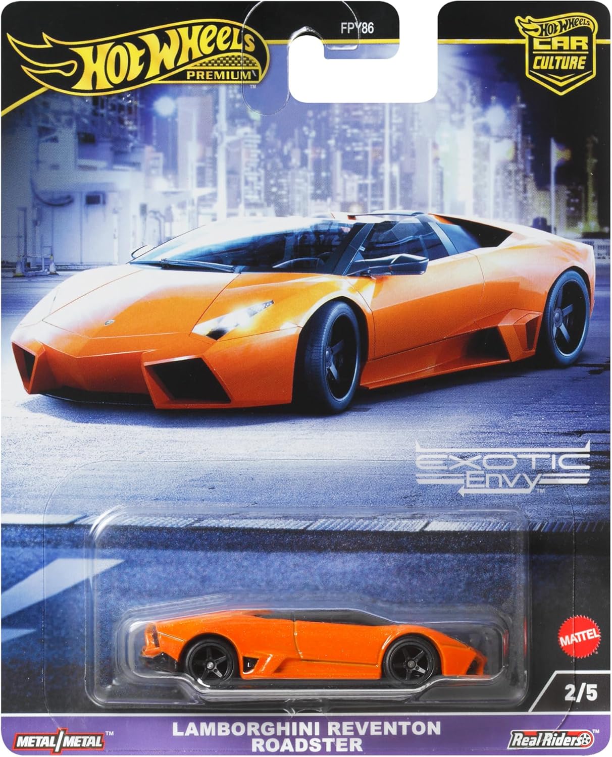 Hot Wheels Premium Car Culture Carrinho de Brinquedo Colecionável, Lamborghini Reventon Roadster em escala 1:64, modelo Die-Cast, Veículo Exótico e Invejável com Pneus Real Riders, HKC76