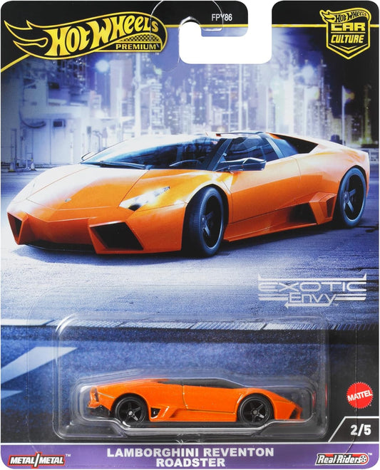 Hot Wheels Premium Car Culture Carrinho de Brinquedo Colecionável, Lamborghini Reventon Roadster em escala 1:64, modelo Die-Cast, Veículo Exótico e Invejável com Pneus Real Riders, HKC76