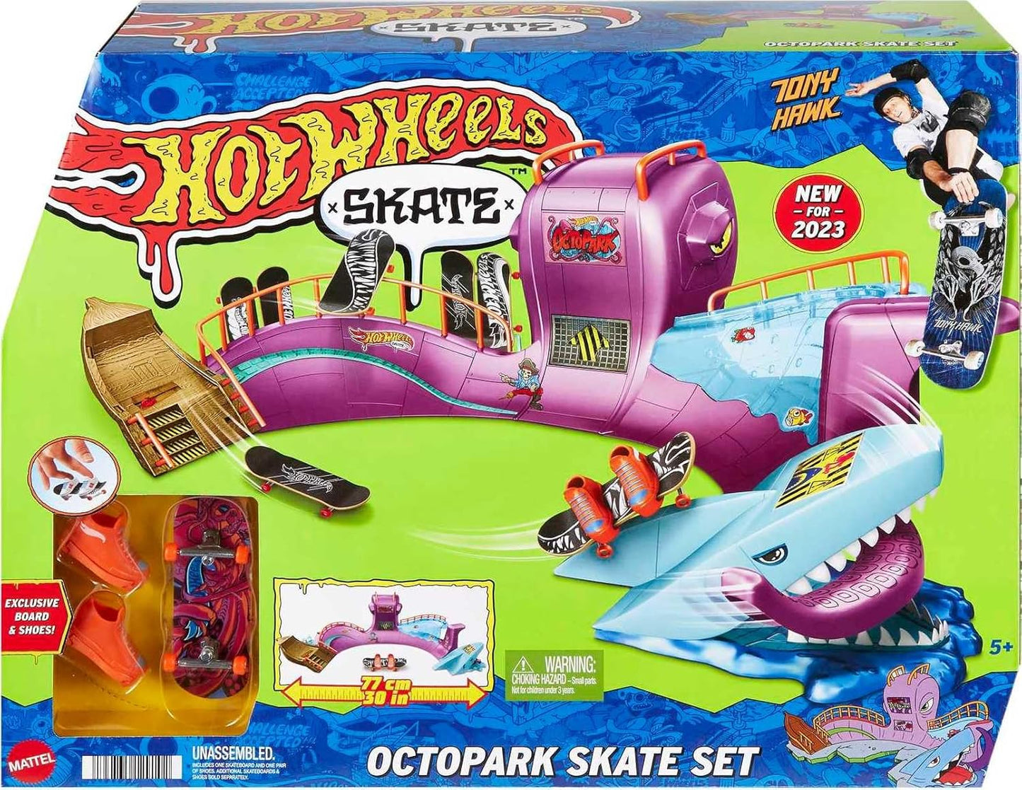 Conjunto Hot Wheels Skate Octopark, com skate de dedo exclusivo e par de tênis de skate removíveis, compartimento para guardar skates e tênis, HMK01