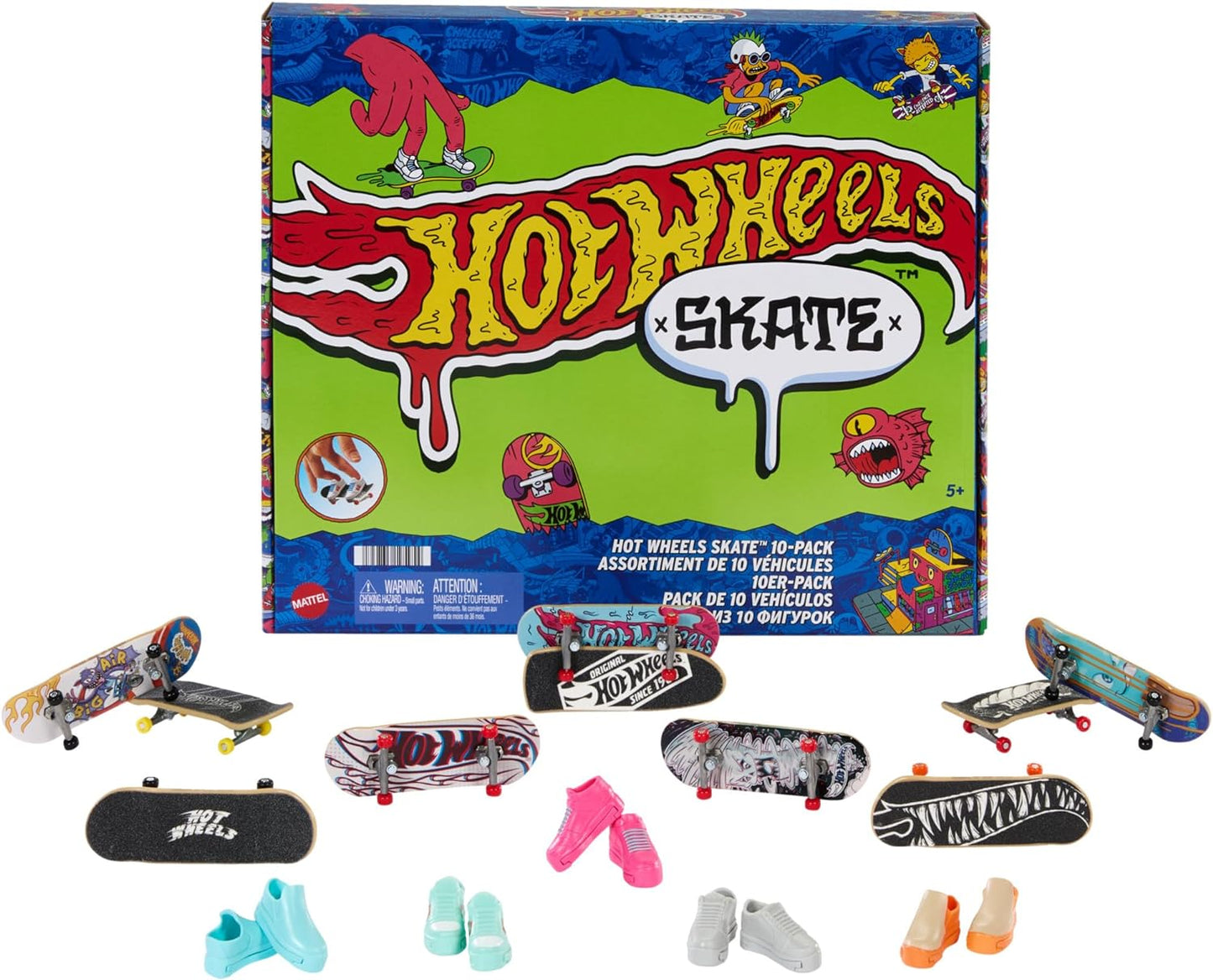 Hot Wheels Skate Fingerboards 10-Pack, conjunto de 10 skates de dedo com 5 pares de tênis de skate removíveis com gráficos com tema Hot Wheels, HTP59