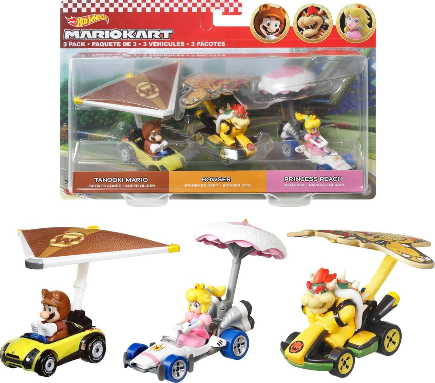 Hot Wheels Super Mario - Pacote com 3 carrinhos de personagens em 1 conjunto, presente para crianças e colecionadores a partir de 3 anos de idade, multicolorido, (HDB39)