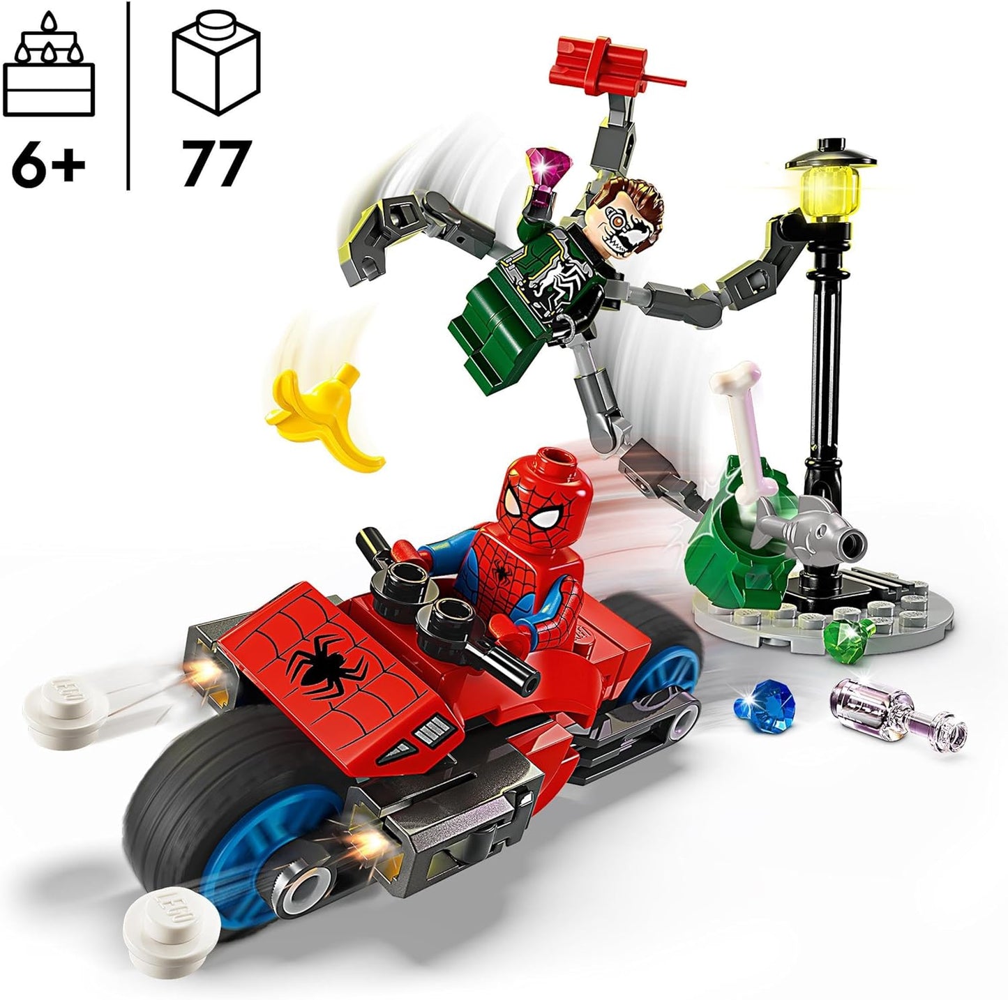 LEGO Marvel Motorcycle Chase: Spider-Man vs. Doc Ock, brinquedo de construção de motocicleta para crianças, meninos e meninas a partir de 6 anos com Stud Blasters, Web Shooters e 2 minifiguras, incluindo. Aranha, presentes de super-herói 76275