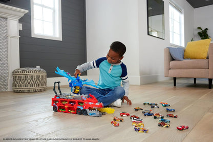 Conjunto de Pista de Carrinhos Hot Wheels City, Transportador Duplo de Dragões Supremo e 2 Carrinhos de Metal Fundido, Dragão em Grande Escala e Dragão Removível, Armazena Mais de 20 Veículos, JKJ79