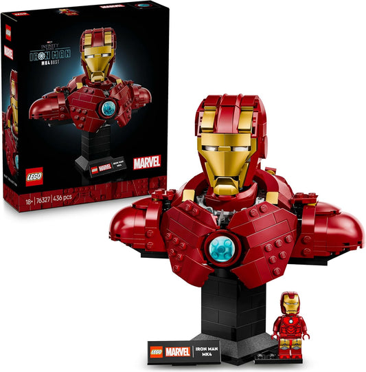 LEGO Marvel Iron Man MK4 Busto - Conjunto de construção de modelo de exibição para adultos, incluindo uma minifigura de Tony Stark, além de canhões de ombro e uma cabeça giratória - Presente colecionável dos Vingadores para fãs - 76327