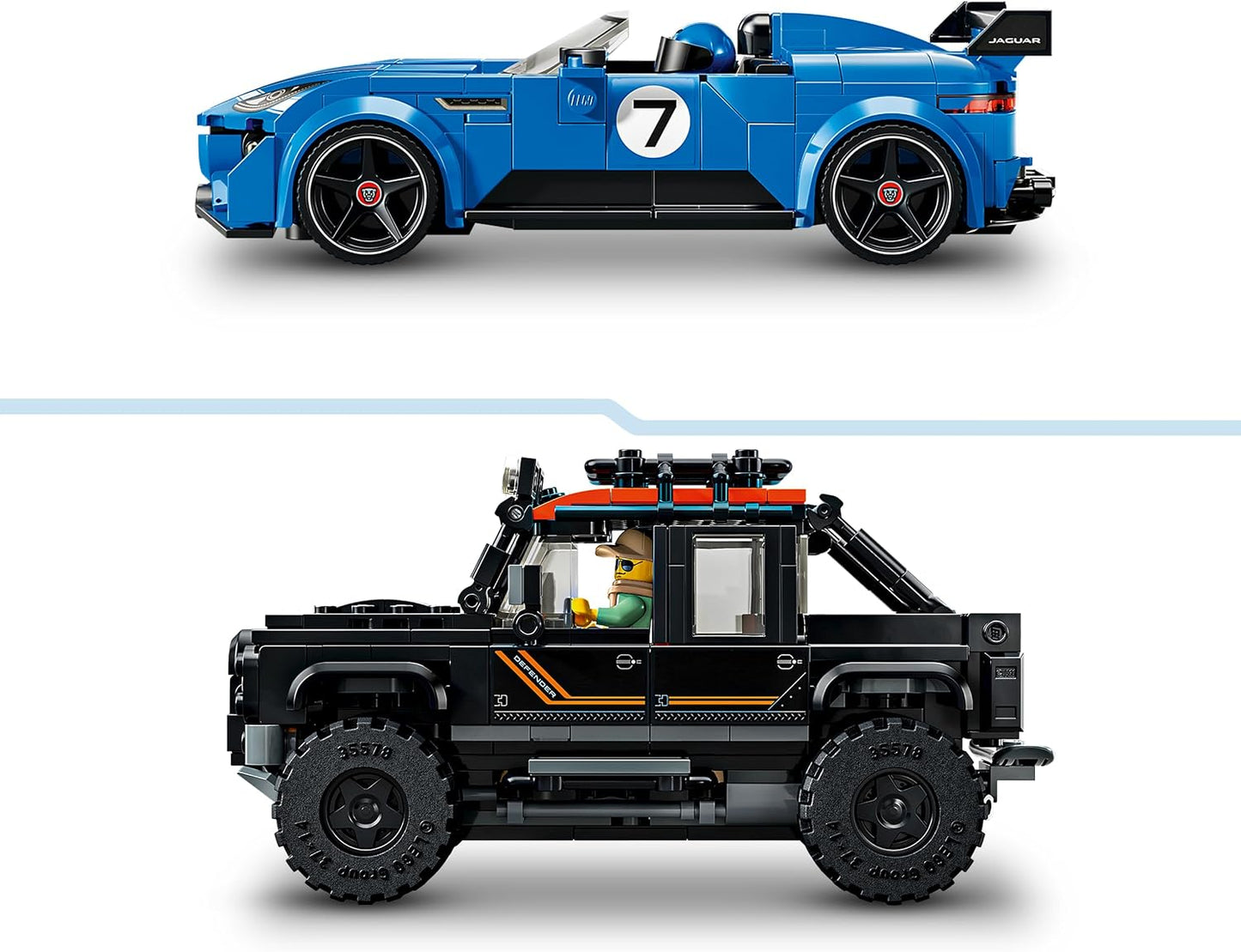 LEGO Speed Champions Jaguar Project 7 e Land Rover Defender – Kit de Modelo STEM com 2 Carros de Brinquedo e 2 Minifiguras de Piloto – Presente de Aniversário para Meninos a partir de 10 Anos – 77264