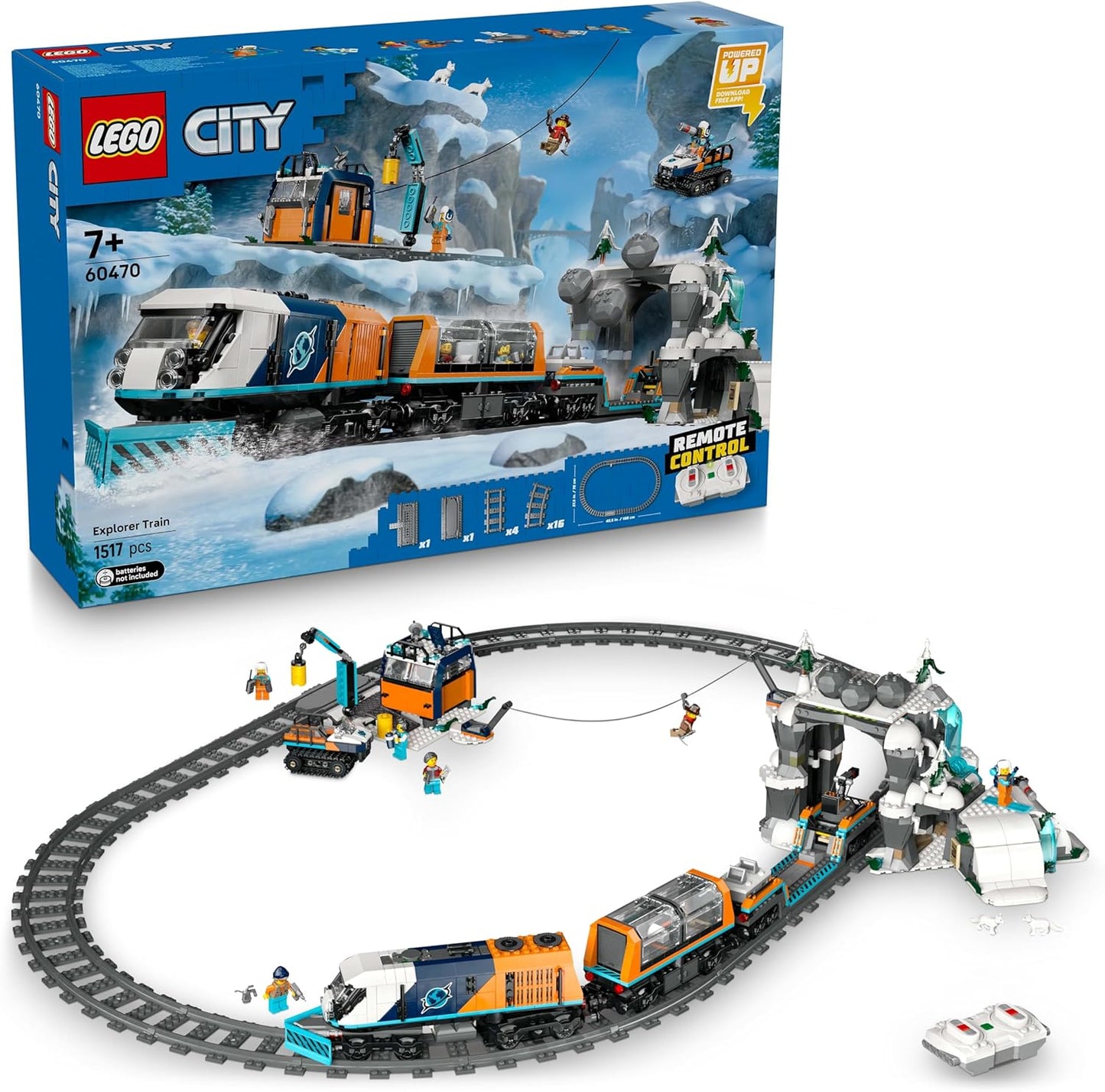 LEGO Conjunto de Trem Expresso Polar Ártico City Explorers - Inclui um Trem de Controle Remoto, Limpa-Neve, 22 Peças de Trilho e 6 Minifiguras, Além de uma Função de Queda de Rochas - Presente para Meninos a partir de 7 Anos - 60470