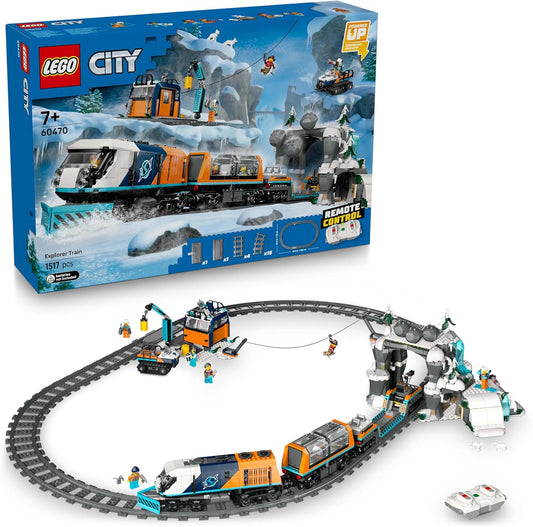 LEGO Conjunto de Trem Expresso Polar Ártico City Explorers - Inclui um Trem de Controle Remoto, Limpa-Neve, 22 Peças de Trilho e 6 Minifiguras, Além de uma Função de Queda de Rochas - Presente para Meninos a partir de 7 Anos - 60470