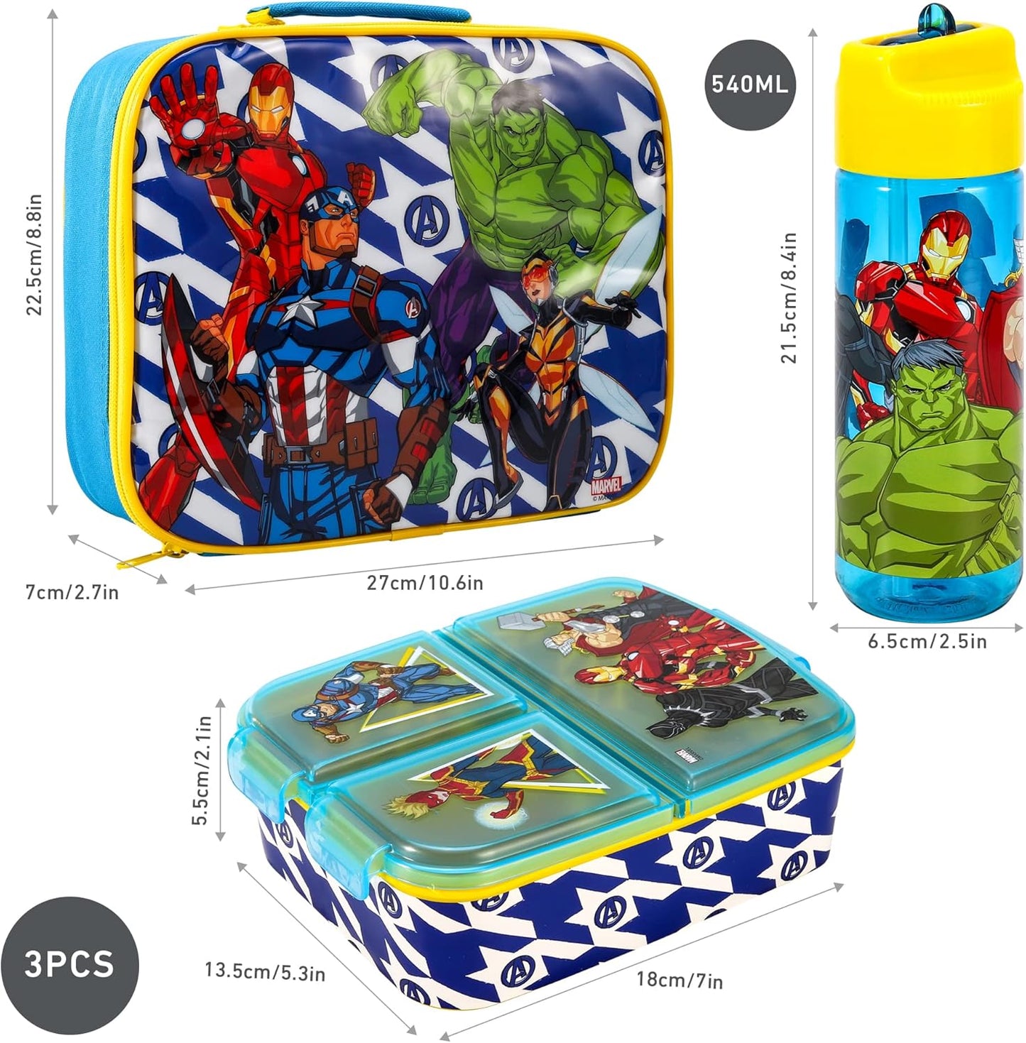 Zawadi Global Conjunto de lancheira infantil Avengers Kids - lancheira isolada, lancheira com vários compartimentos e garrafa de água de 540 ml - conjunto de comida para almoço de viagem escolar, sem BPA