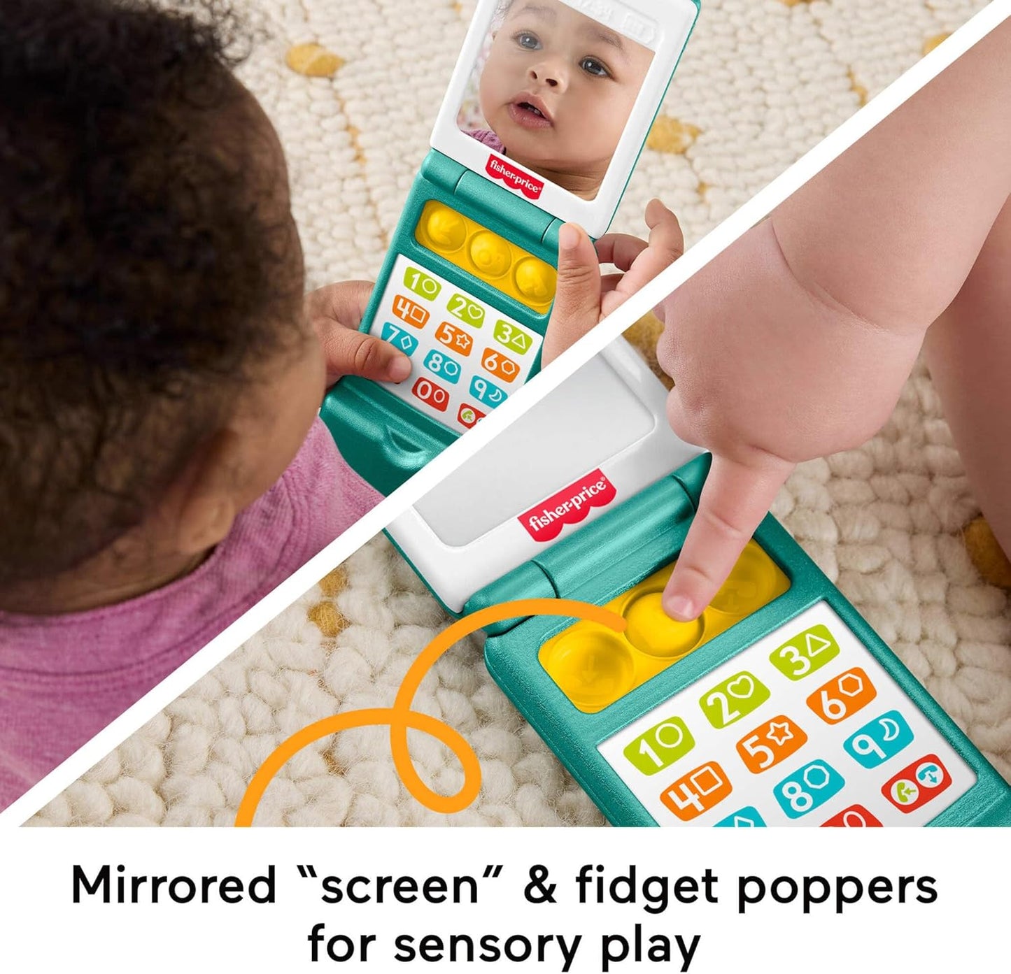 Fisher-Price Baby Toy Flip Phone Laugh & Learn Musical Learning Activity for Toddler Faming Play Infants Ages 6+ Months Version Multilanguage, JMM31