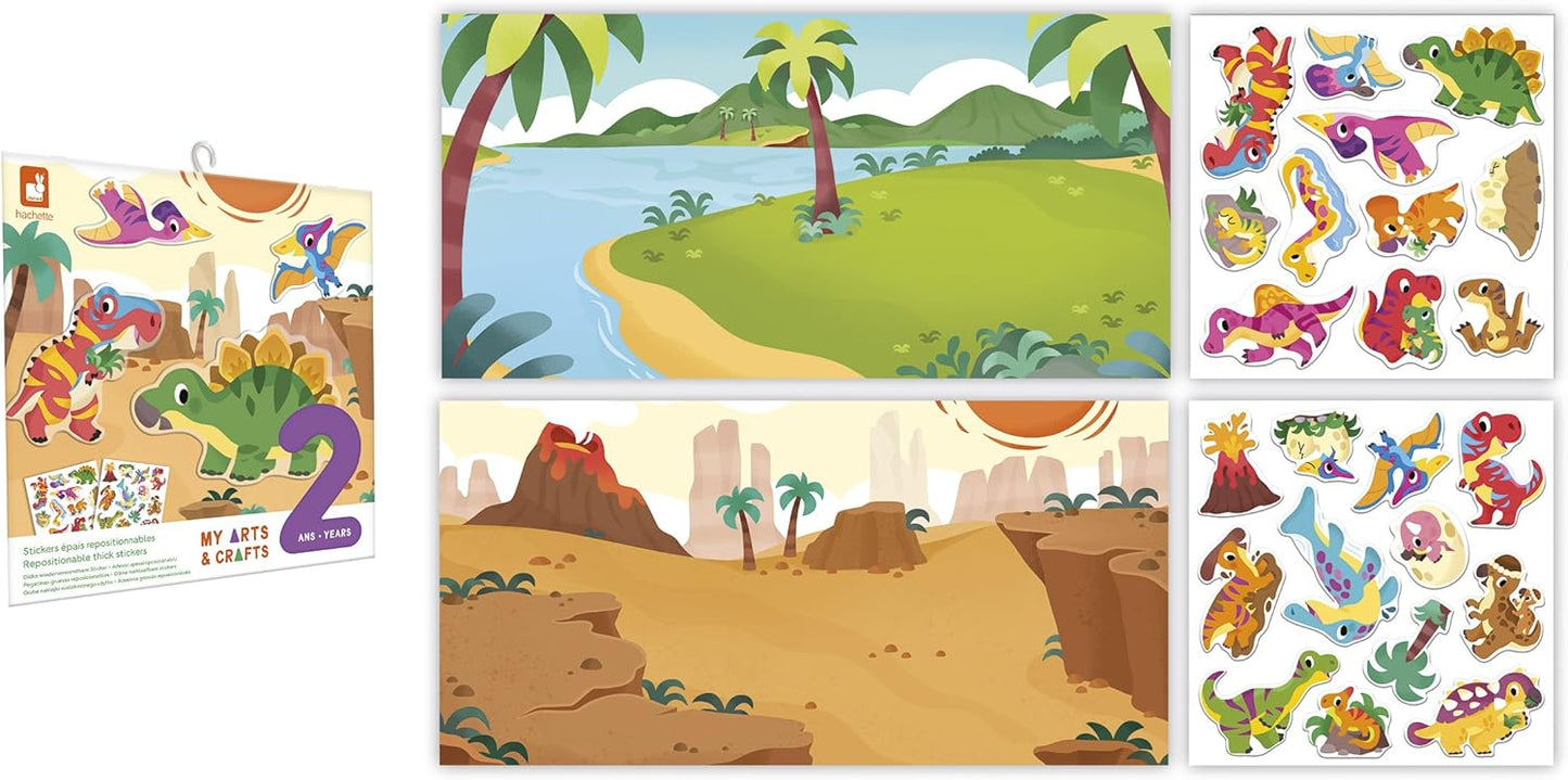 Janod - 30 adesivos grossos infinitamente reposicionáveis - Tema de dinossauros - 2 decorações e 2 quadros de adesivos - Rede à base de água - Kit de lazer criativo para crianças - Treinamento de habilidades motoras - 2 anos +