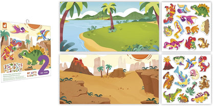 Janod - 30 adesivos grossos infinitamente reposicionáveis - Tema de dinossauros - 2 decorações e 2 quadros de adesivos - Rede à base de água - Kit de lazer criativo para crianças - Treinamento de habilidades motoras - 2 anos +