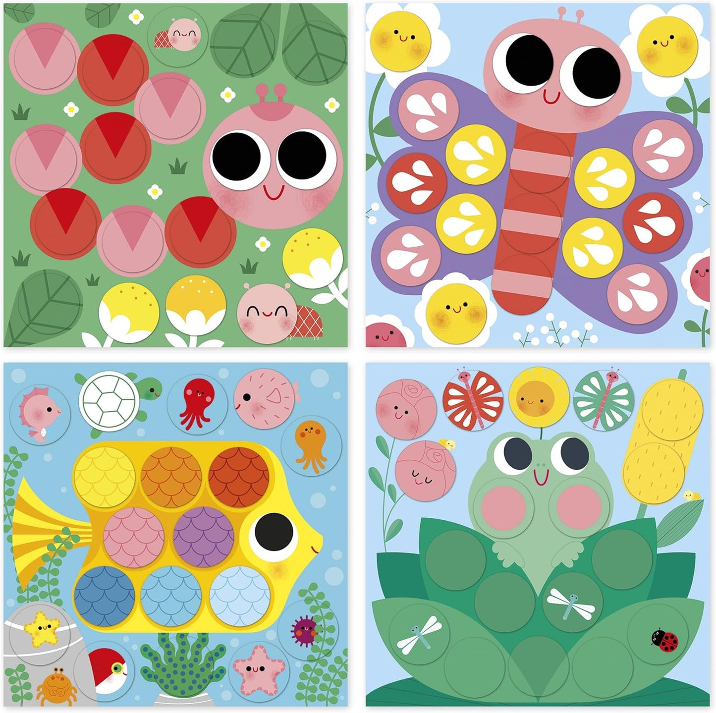 Janod - 72 Adesivos redondos grandes adequados para mãos pequenas - A partir de 2 anos - 4 quadros para preencher lacunas - Adesivos redondos - Kit de lazer criativo infantil - Habilidades motoras finas e concentração - J09159