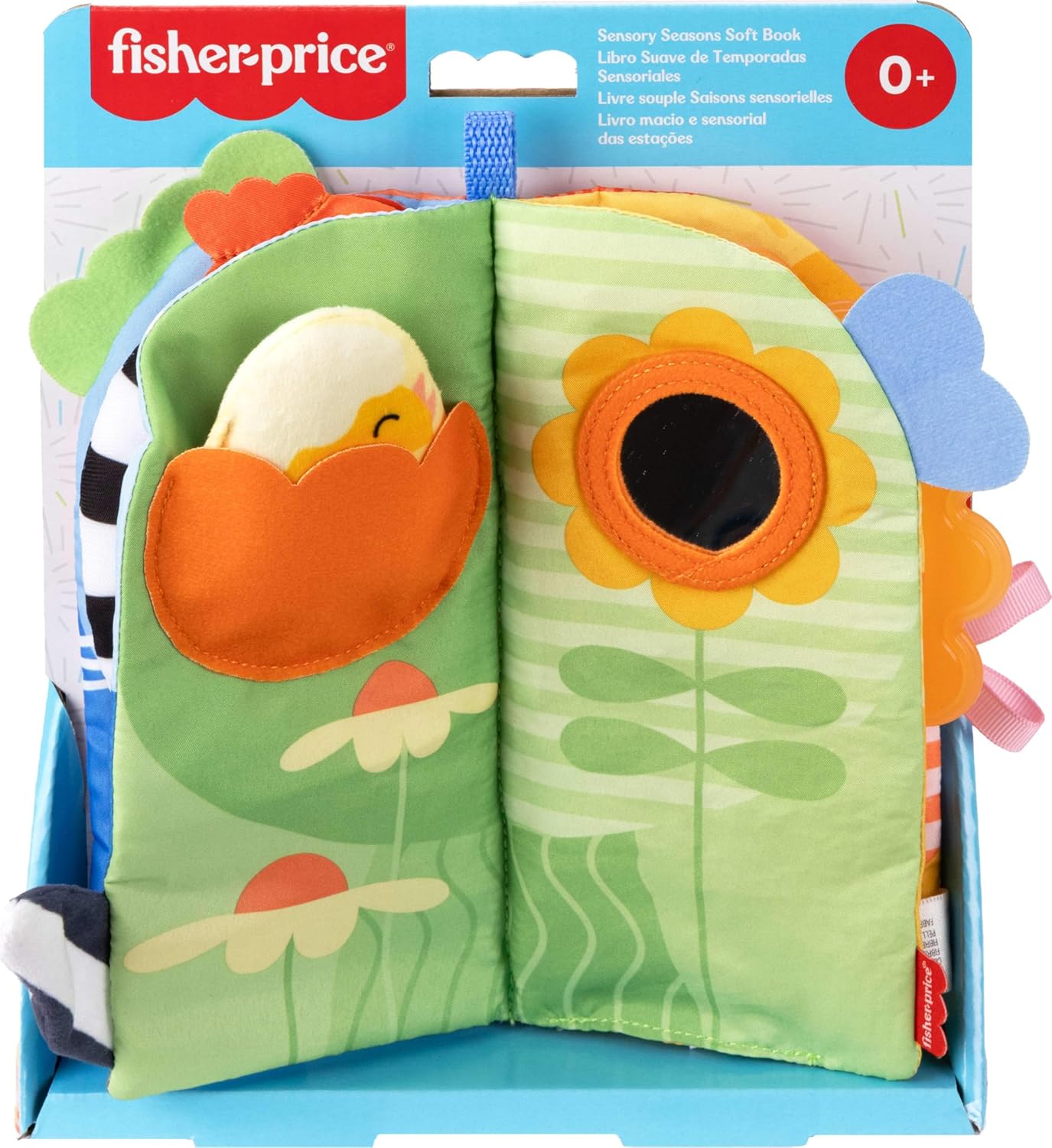 Fisher-Price Livro de atividades sensoriais para bebês, tema Estações do Ano, com 4 páginas de exercícios para bebês a partir de 0 meses, JKP53