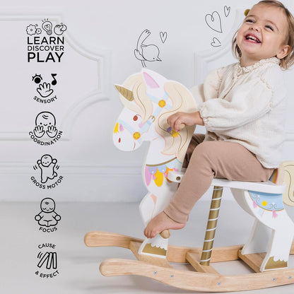 Le Toy Van - Petilou Madeira Multi-Sensorial Colorido Pastel de Madeira Balançando Unicórnio Brinquedo Carrossel Para Crianças | Cavalo de balanço unissex – adequado para crianças de 1 ano