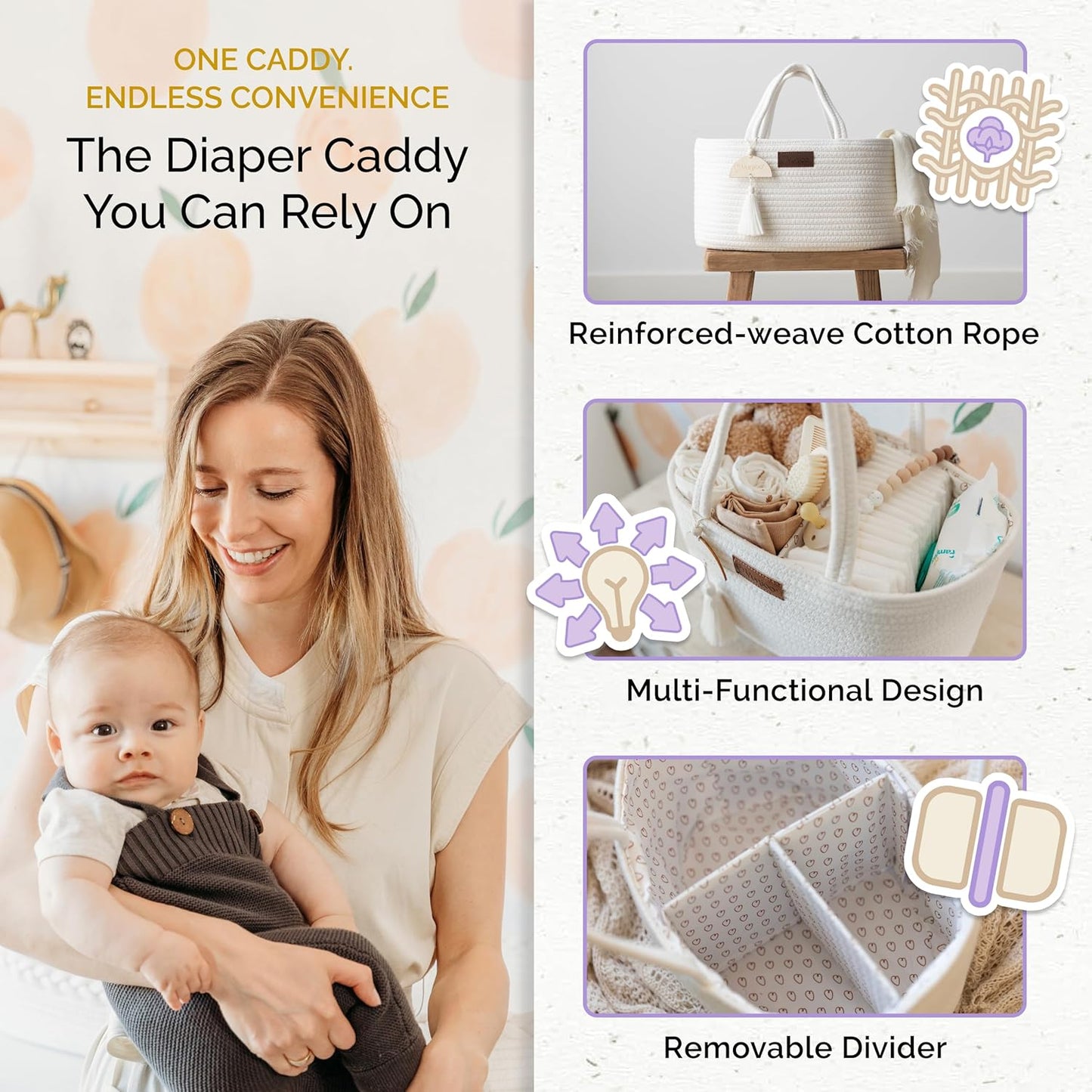 Organizador de fraldas Yunioo, carrinho de bebê, bolsa portátil para troca de fraldas, cesto de armazenamento para berçário com alças resistentes, divisórias removíveis, ideal para presentes de chá de bebê e itens essenciais para recém-nascidos