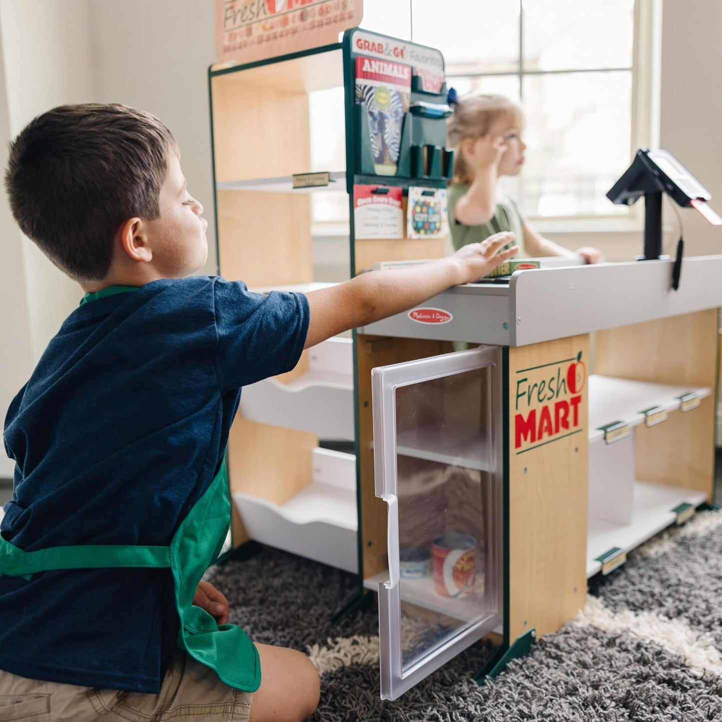 Melissa & Doug Grocery Store Playset e brinquedo até caixa registradora com scanner e transportador | Fingir Play Store | Loja de brinquedos de madeira | Conjunto de brinquedos para supermercado | De madeira