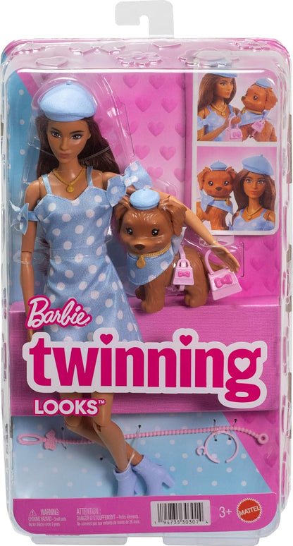 Barbie Looks Combinando com Cachorro de Estimação, Roupas e Acessórios Combinando em Azul com Bolinhas, como Boina e Bolsa, Cabelo Castanho, JFP38