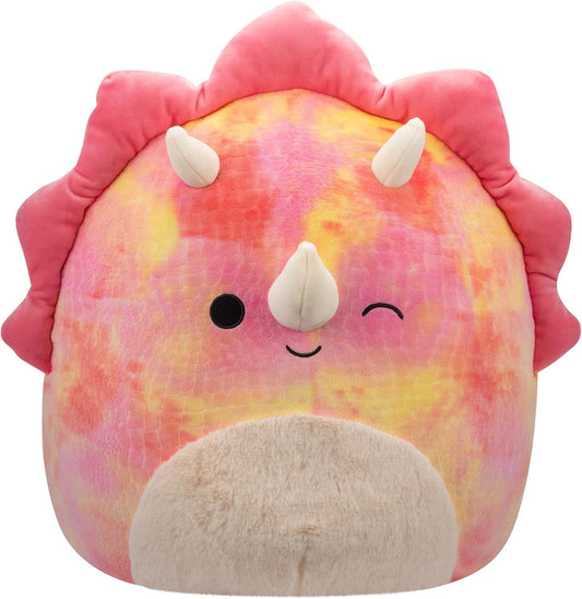 Squishmallows SQCR05478 16 polegadas-Trinity The Winking Pink Tie-Dye Triceratops com barriga difusa, multicolorido
