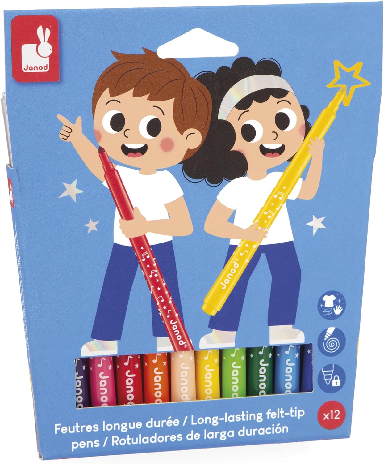 Janod - Canetas hidrográficas de longa duração - Ponta travada e cônica para diferentes espessuras de linha - Tinta lavável - Hobbies e artesanato criativos - Idades 3+