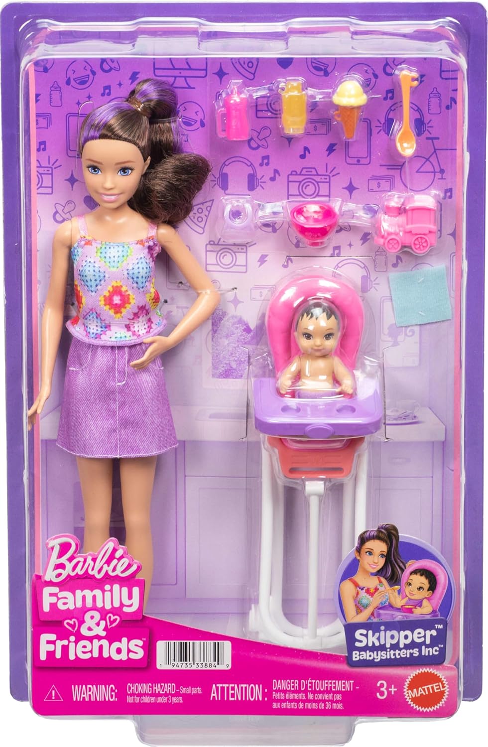 Barbie Conjunto Skipper Babysitters Inc. com boneca morena, boneca bebê morena, cadeirão e 8 acessórios, incluindo comida, JJB44