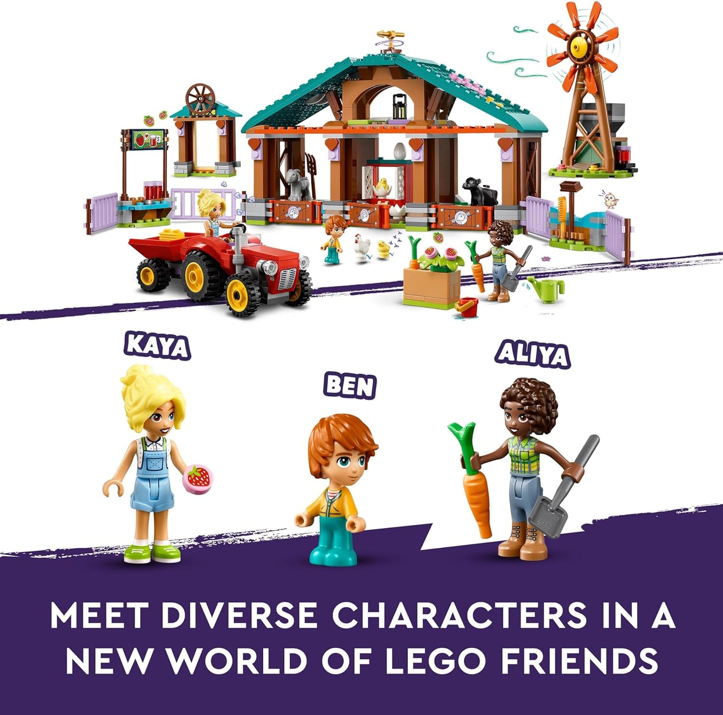 LEGO Friends Farm Animal Sanctuary, conjunto de brinquedos com trator para meninas, meninos e crianças com mais de 6 anos, conjunto de dramatização inclui 3 figuras de personagens, 5 animais e acessórios de comida 42617