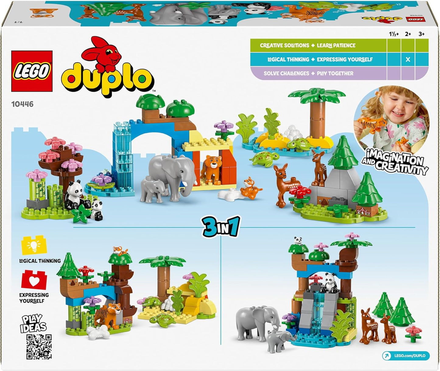 LEGO DUPLO Conjunto de famílias de animais selvagens 3 em 1, brinquedo de aprendizagem infantil Montessori com figuras de tartaruga, tigre, elefante, veado e panda para meninas e meninos de 2 anos ou mais