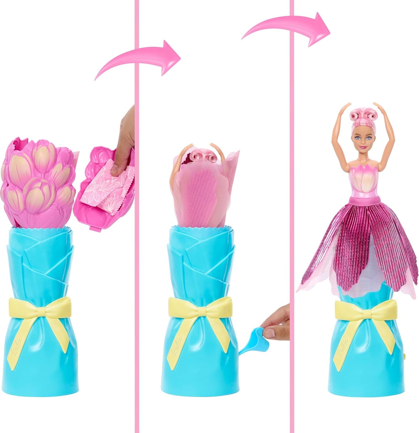 Barbie Petal Pop com aroma de boneca, vestido rosa de tulipa e acessórios, buquê revelado com coelhinho de estimação e surpresas como regador, colar e brincos, JMF57