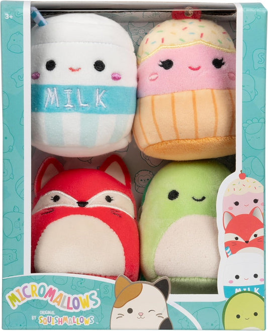 Micromallows Squishmallows Pacote de 4 – Clara Cupcake, Fifi Fox, Henry Turtle, Melly Milk Carton, Multicor