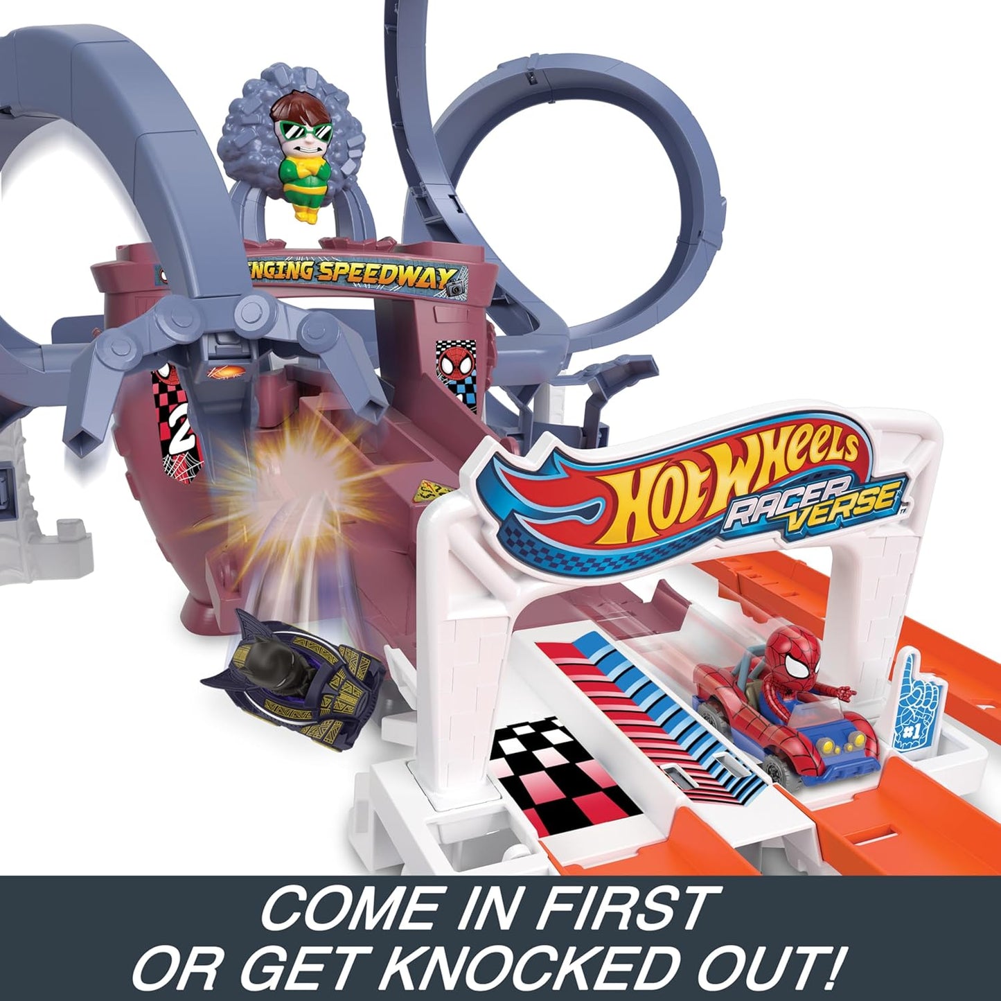 Hot Wheels RacerVerse Spider-Man’s Web-Slinging Speedway Track Set com Hot Wheels Racers Spider-Man e Black Panther, corrida de várias voltas para escapar do Doutor Octopus, HPL34