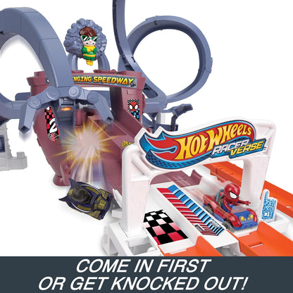 Hot Wheels RacerVerse Spider-Man’s Web-Slinging Speedway Track Set com Hot Wheels Racers Spider-Man e Black Panther, corrida de várias voltas para escapar do Doutor Octopus, HPL34