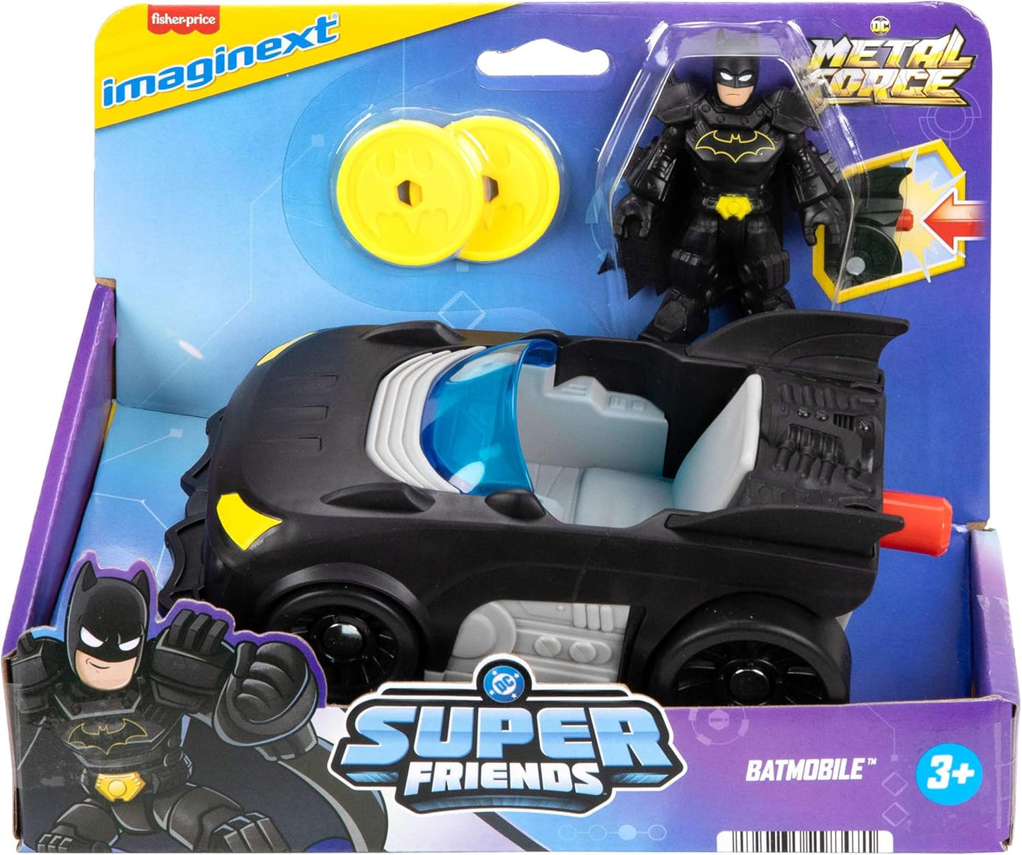 Fisher-Price Imaginext DC Super Friends Metal Force Batmóvel, Figura de Ação do Batman de 7,6 cm e Conjunto de Acessórios, Inclui Lançador e 2 Discos, JFJ68