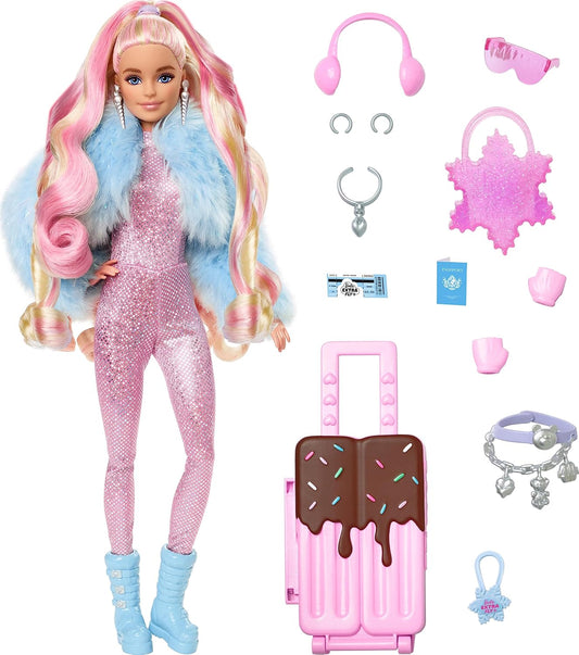 Barbie Boneca de viagem com moda de neve invernal, Barbie Extra Fly, macacão rosa brilhante e casaco de pele sintética, HPB16