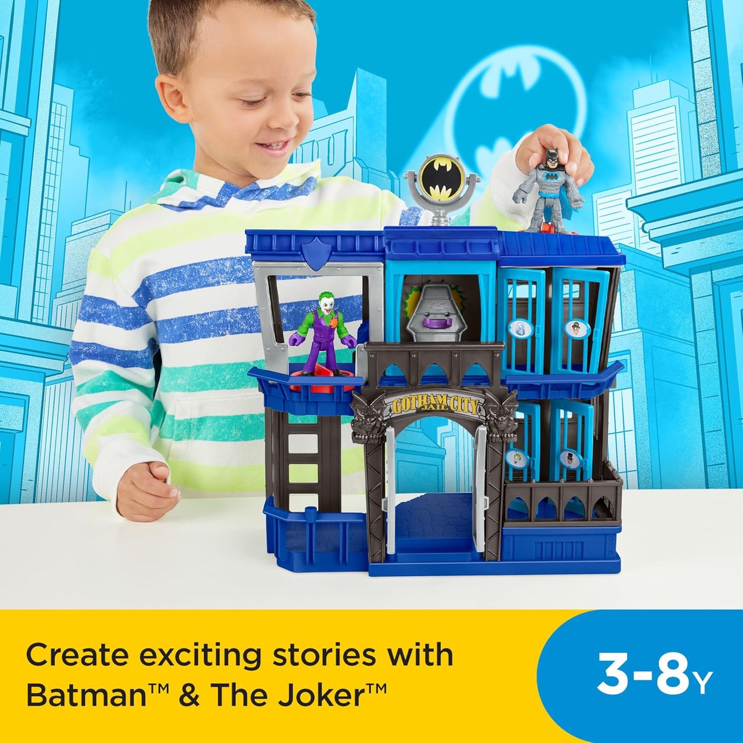 Fisher-Price Imaginext DC Super Friends Batman Gotham City Jail Recharged Playset para crianças em idade pré-escolar a partir de 3 anos, HHP81