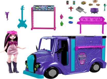 Muñeca y juego Monster High Draculaura, camión de comida Fangtastic Rockin' con transformación de escenario extraíble y más de 13 accesorios temáticos de comida y música, HXH83