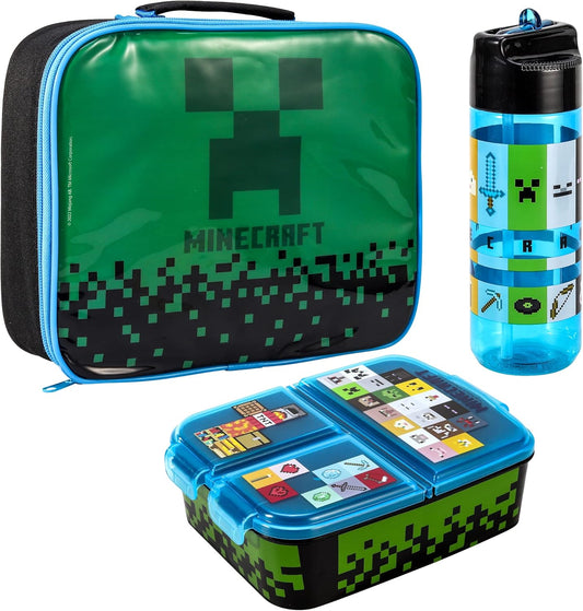 Zawadi Global Conjunto de lancheira infantil Minecraft Kids - lancheira isolada, lancheira com vários compartimentos e garrafa de água de 540 ml - conjunto de comida para almoço de viagem escolar, sem BPA