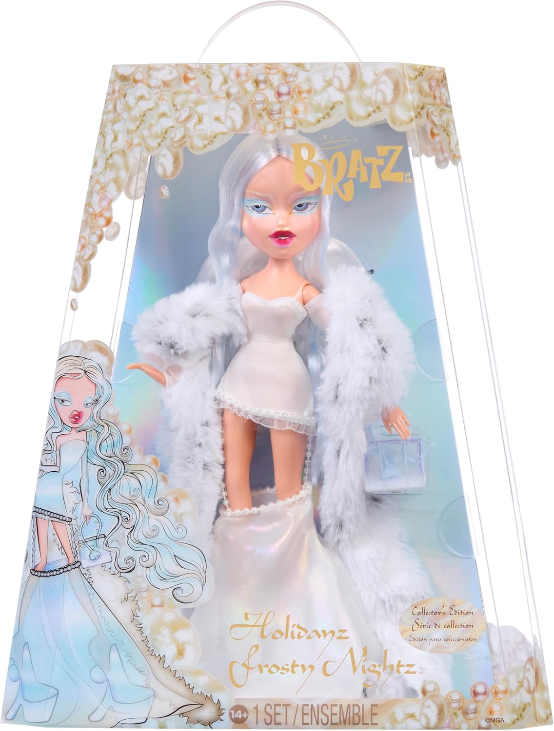 Bratz Boneca Holidayz Frosty Nightz - Cloe Edição de Colecionador, com roupas e acessórios de verdade, branca e azul.