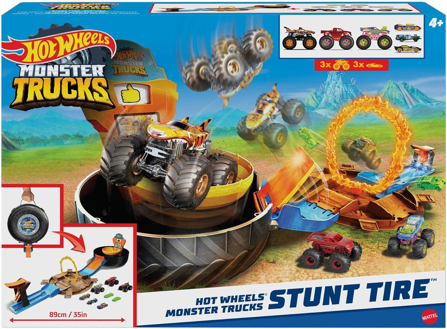 Hot Wheels Conjunto Monster Trucks Stunt Tire, inclui 3 Monster Trucks e 3 veículos em escala 1:64, presente para crianças de 4 a 8 anos, HHY74