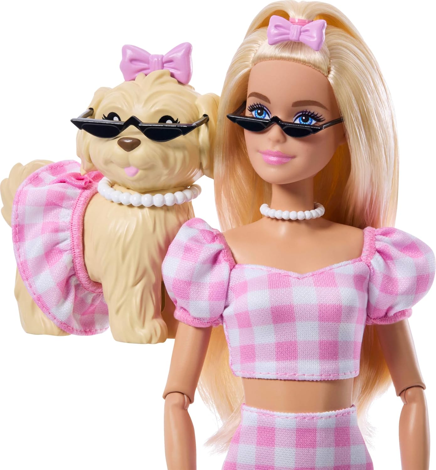 Barbie Looks Combinando com Cachorrinho de Estimação, ambas com Roupas e Acessórios Combinando em Xadrez Rosa, como Óculos de Sol, Colares e Laços, Loira, JFP36